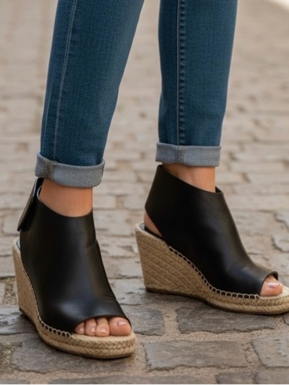 Celine Black Leather Espadrille Wedge Sandals